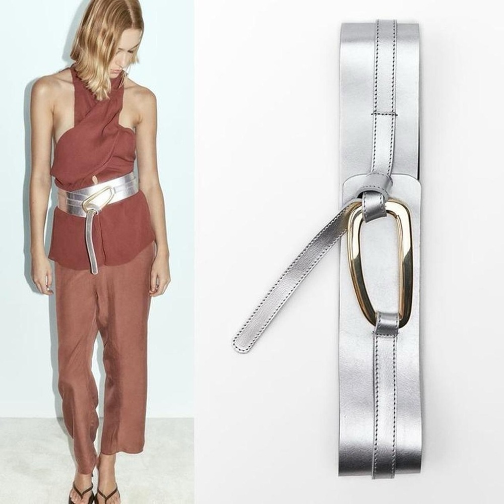 Zara Limited edition 100% cow leather belt sash metallic